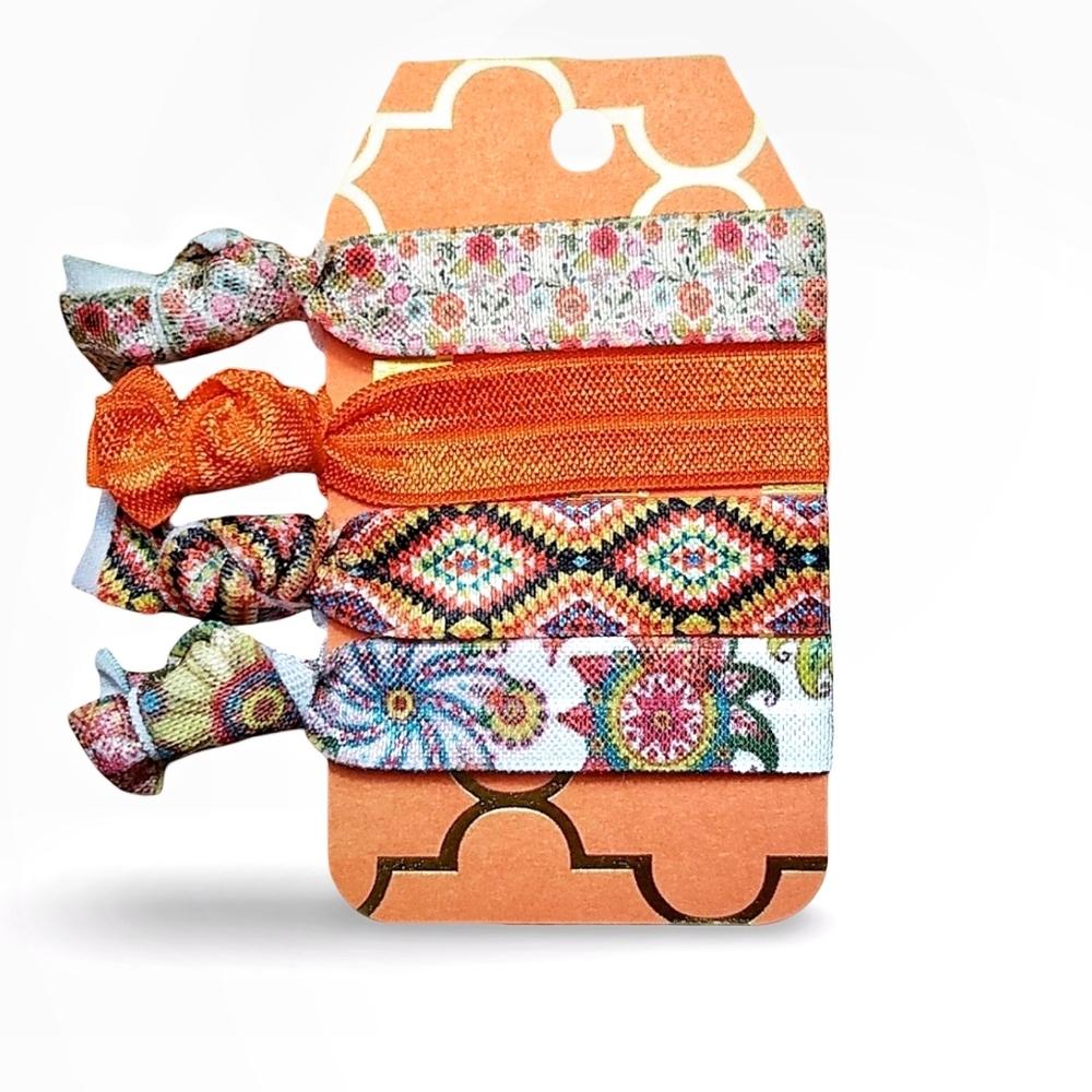 4-Pack Hair Ties FOE Boho Theme No Crease Ponytail Holders New
